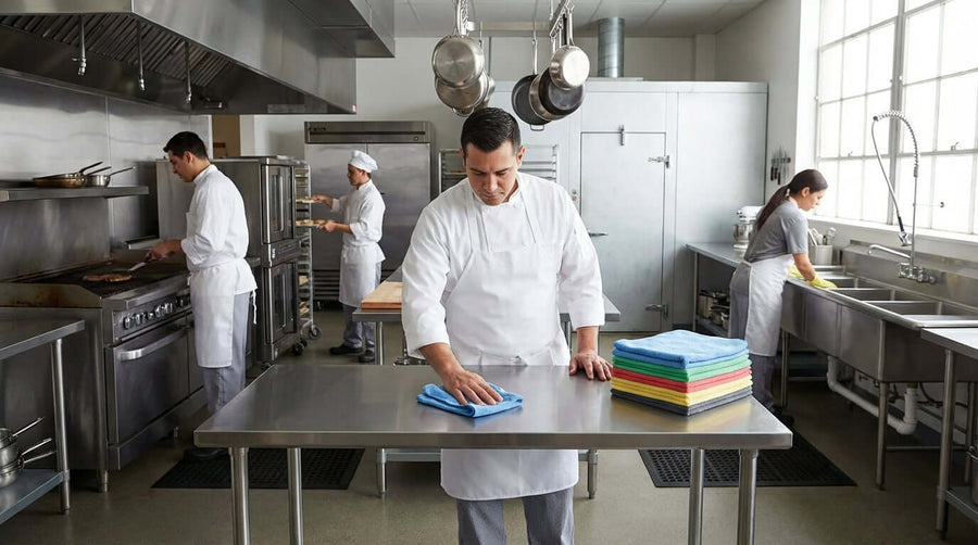Alt Tag: Enhancing Food Safety: How Microfiber Helps You Comply with HACCP Standards in commercial kitchen with staff cleaning stainless tables