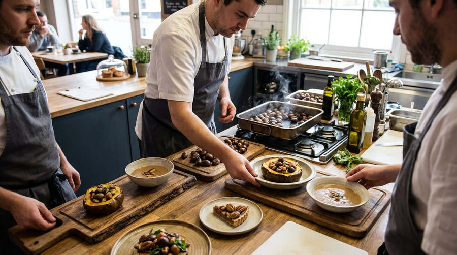 Beyond the Basics: Creative Recipes and Serving Ideas for Roasted Chestnuts – chefs plating roasted chestnuts in a restaurant kitchen