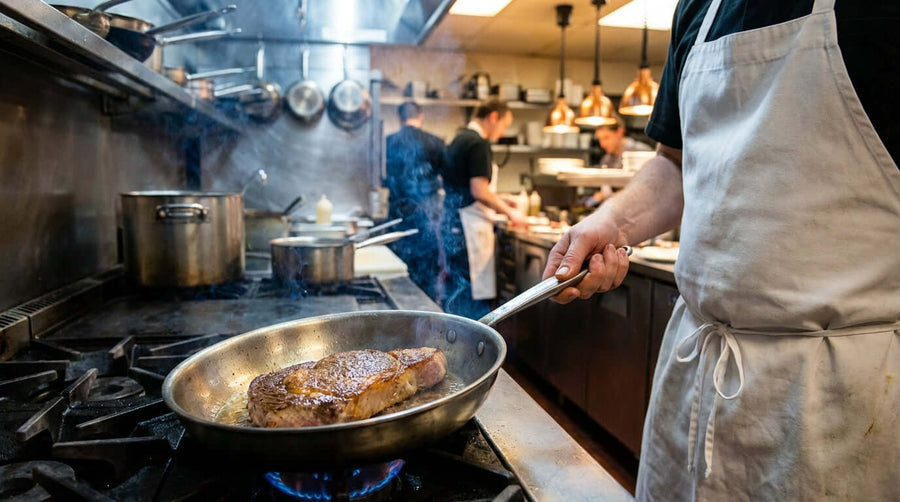 Chef searing steak in hot fry pan on gas stove, showing how to get a perfect sear with a frying pan in a professional kitchen