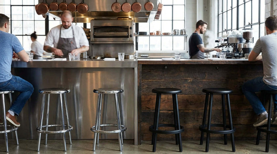 Alt Tag: Industrial bar design with chrome stools and black barstools, chrome vs black footrest rings for bar design inspiration