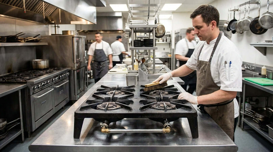 Simple Maintenance to Maximize Your Propane Hot Plates Lifespan: chef cleaning commercial hot plate burners in restaurant kitchen