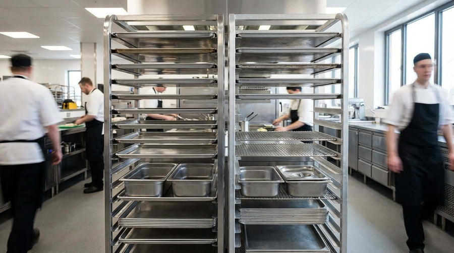 Alt Tag: The Ultimate Buyers Guide: Choosing Between Aluminum and Stainless Steel Pan Racks in commercial kitchen with stainless pan racks