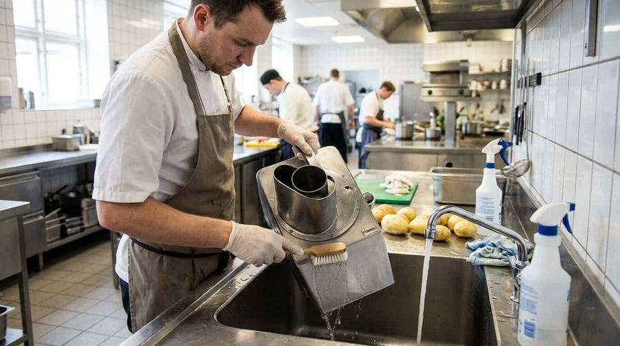 How to Properly Clean and Maintain Your Commercial Peelers for Longevity: chef washing commercial peeler parts at kitchen sink