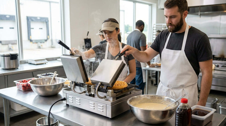 commercial waffle maker ROI example in busy restaurant kitchen staff using commercial waffle maker to serve fresh waffles
