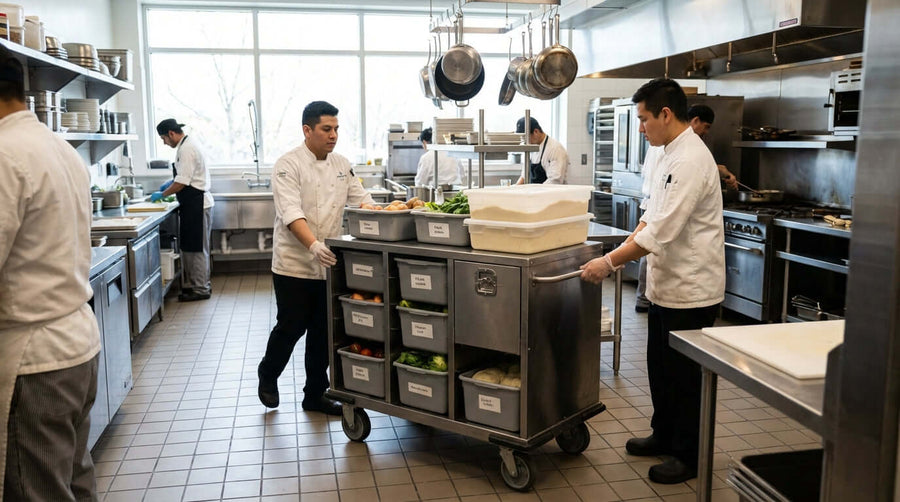 The Ultimate Guide to Bulk Cart Maintenance and Safety in a commercial kitchen with chefs pushing a rolling bulk cart