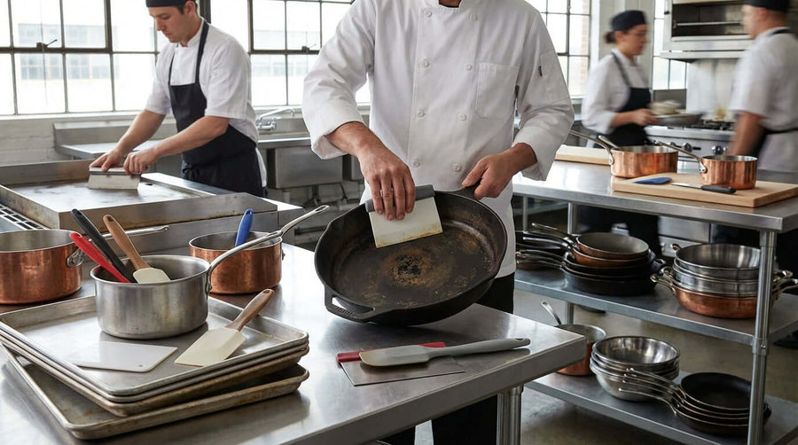 The Ultimate Guide: Choosing the Right Pan Scraper for Your Commercial Cookware chef scraping cast iron pan in commercial kitchen