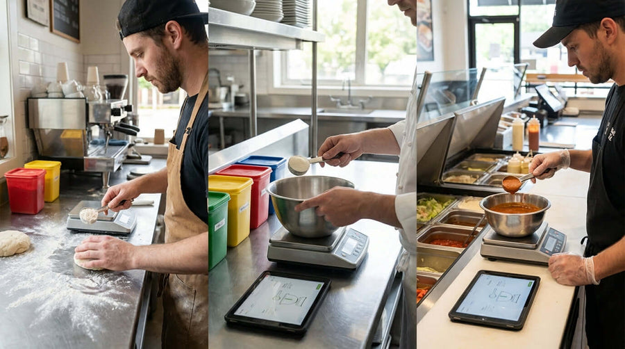 5 conseils pour maintenir la cohérence des recettes à plusieurs endroits : chefs pesant les ingrédients et portionnant la sauce dans une cuisine commerciale