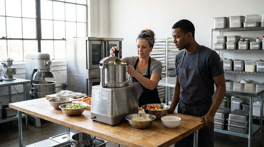 commercial food processor buying guide: chefs using a commercial food processor in a professional kitchen for efficient prep