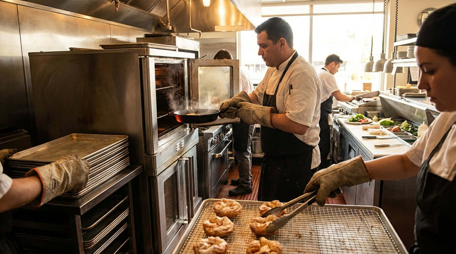 5 Key Features to Look for in Professional-Grade Heat-Resistant Gloves in use by chefs handling hot pans and trays in a busy commercial kitchen