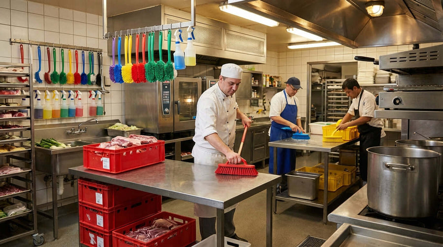 Alt Tag: A Practical Guide to Using Color-Coded Cleaning Brushes in Your Commercial Kitchen with staff cleaning using red, blue, yellow brushes