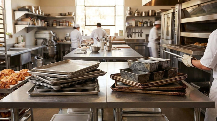 Aluminum vs. Aluminized Steel: Choosing the Right Bakeware Material for Your Commercial Kitchen with trays and pans on bakery prep table