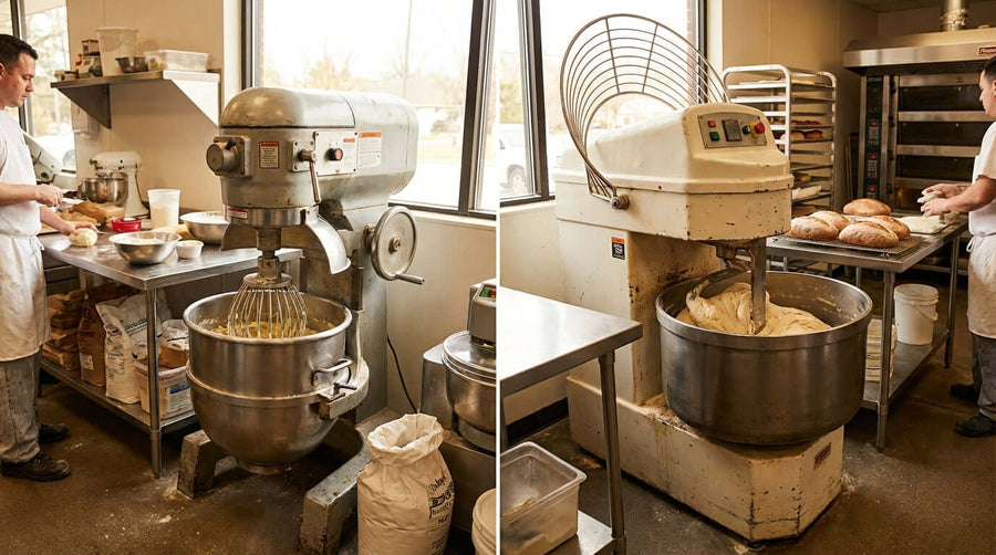 Planetary vs. Spiral Mixers: Which is the Right Choice for Your Kitchen? bakery kitchen with planetary and spiral dough mixers in use