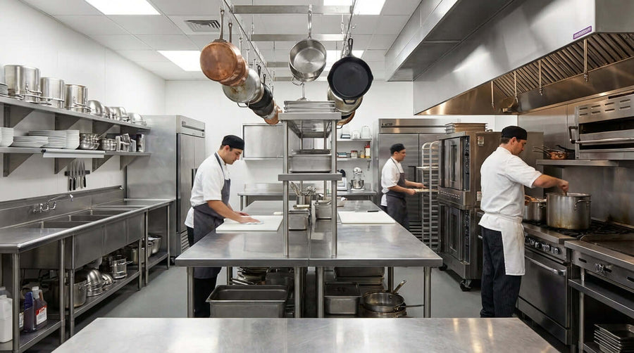 Stainless Steel Showdown: Which Grade is Best for Your Food Service Stands? commercial kitchen with chefs using stainless steel prep tables and stands