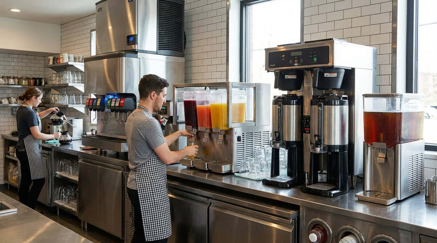 commercial beverage dispenser buying guide image of foodservice staff using multi-flavor drink dispenser at a restaurant beverage station