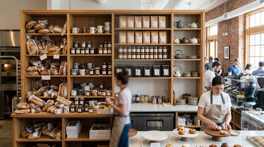 From Cluttered to Curated: A Step-by-Step Guide to a Retail Shelf Makeover in bakery cafe with neatly stocked shelves and staff plating pastries