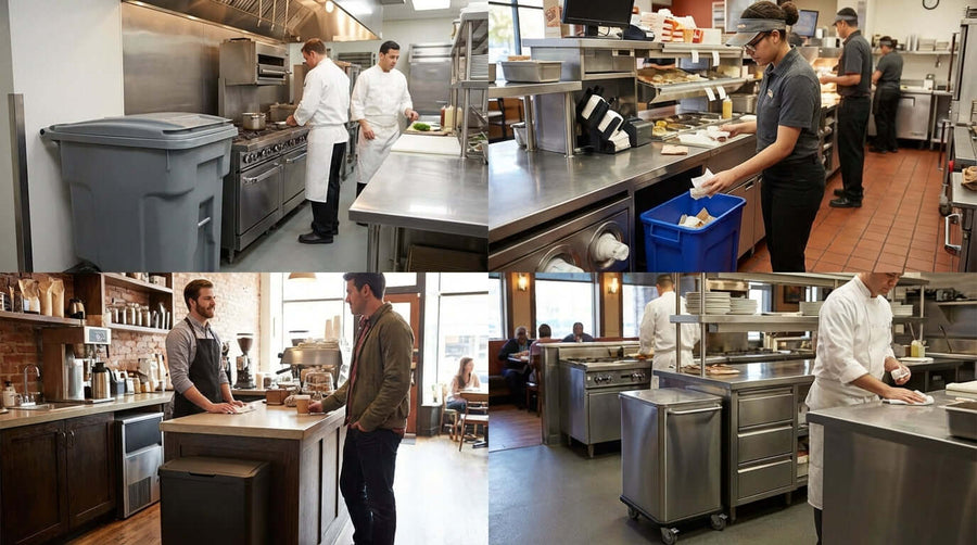 The Ultimate Guide: Choosing the Right Size Waste Container for Your Restaurant - restaurant kitchen staff using waste bins and trash containers