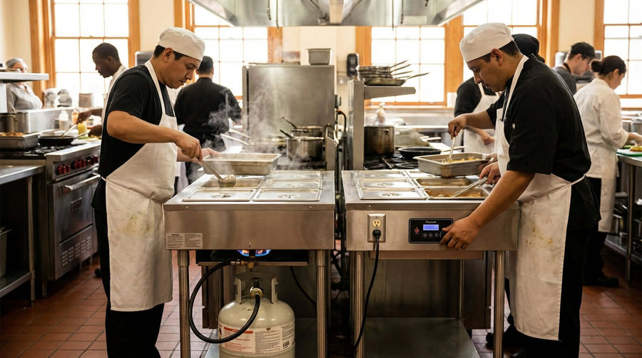 Propane vs. Electric Steam Tables: Which is Right for Your Business? chefs using steam tables in commercial kitchen line