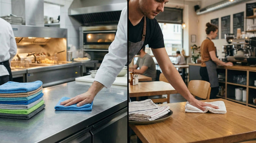 microfiber vs cotton cleaning cloth for restaurants: staff wiping stainless prep counter and dining table with cloths