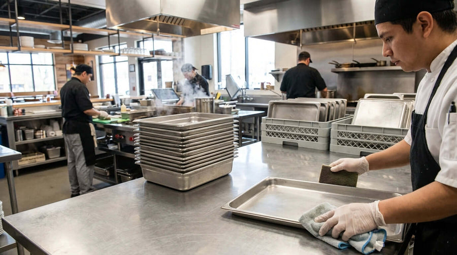 Alt Tag: Chef demonstrates how to clean and maintain steam table pans by wiping stainless trays in a busy commercial kitchen prep area