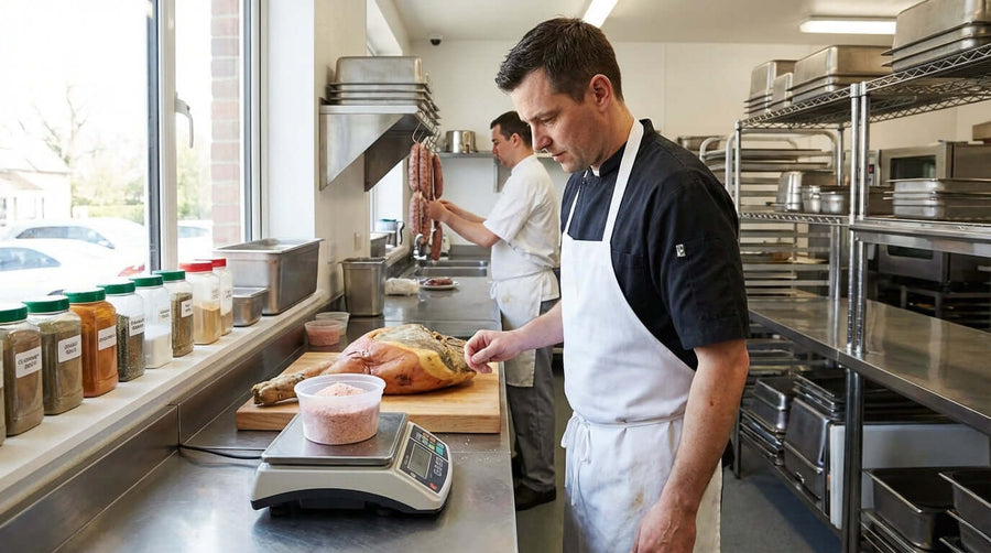 Curing with Confidence: A Food Service Safety Guide to Nitrites chef weighing curing salt next to pork in commercial kitchen