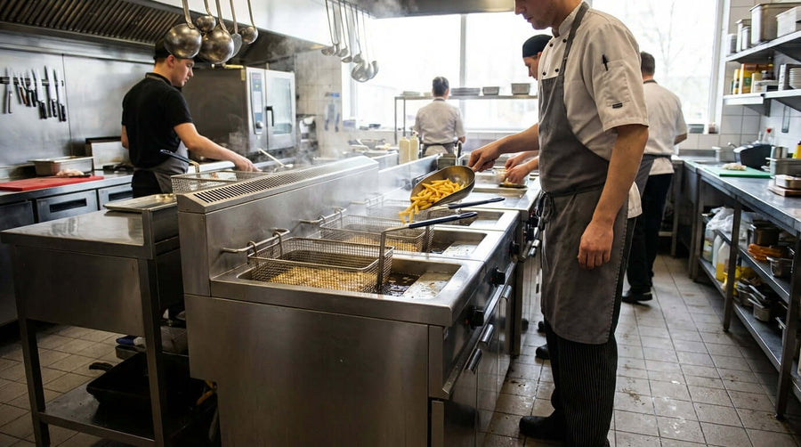 How to Maximize Efficiency and Profit with Your Electric Floor Fryer in a commercial kitchen as chefs operate stainless steel fryer