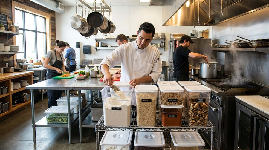 The Unsung Hero of Health Inspections: How Ingredient Bins Boost Food Safety in a busy commercial kitchen with labeled ingredient bins