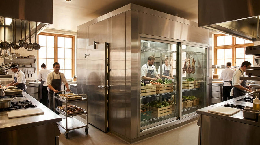 commercial walk-in refrigerator buyer's guide showing stainless steel walk-in fridge in busy restaurant kitchen with staff