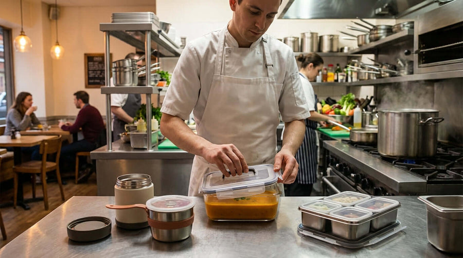 Chef sealing leak-proof containers for soups and sauces in a restaurant kitchen to prevent spills during takeout and delivery