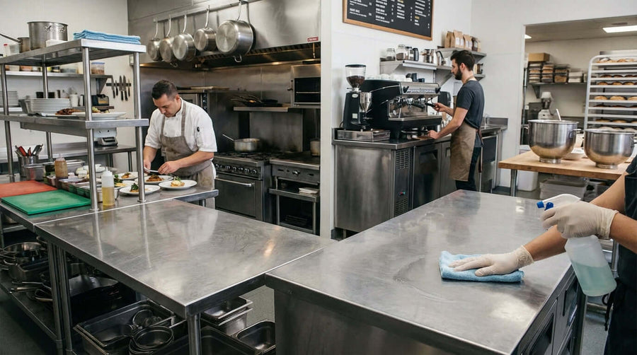 How to Clean and Maintain Your Stainless Steel Surfaces for a Lifetime of Service - staff wiping stainless steel prep tables in a commercial kitchen