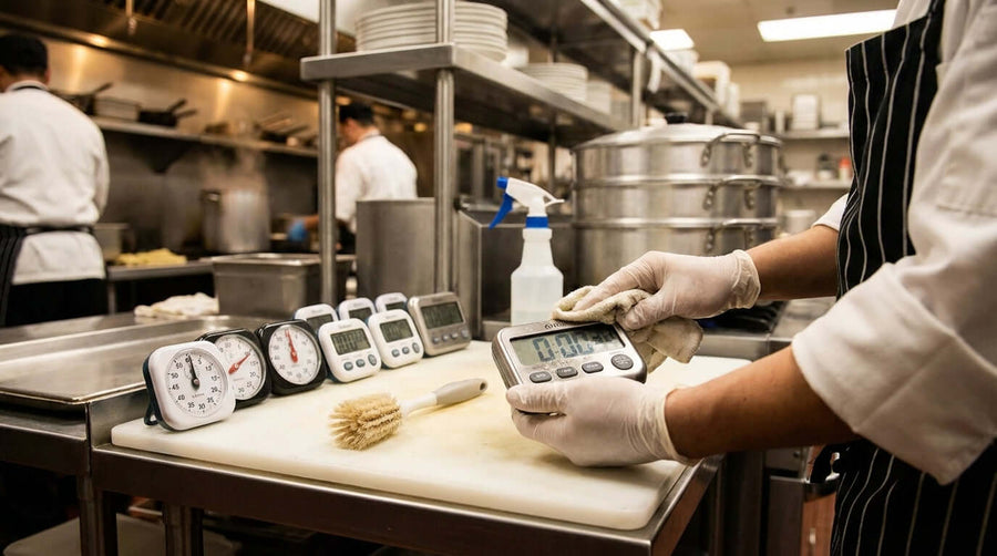 Alt Tag: Keeping Time: How to Properly Clean and Maintain Your Food Service Timers - chef cleaning digital and analog kitchen timers on prep station