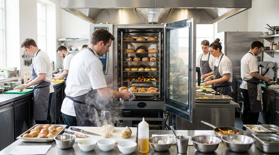 The Ultimate Guide: Converting Conventional Recipes for Your Convection Oven in a professional kitchen with chefs using a convection oven