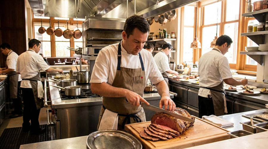 Chef demonstrating meat carving techniques while slicing roast beef in a professional kitchen