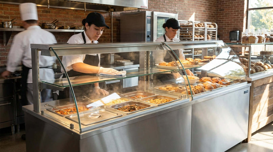 hot food display case maintenance by staff cleaning and serving in a floor model hot food display case in a busy kitchen