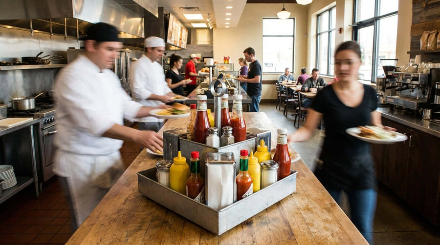The Unsung Hero of the Dinner Rush: How Condiment Caddies Boost Restaurant Efficiency, busy restaurant service with condiment caddy on counter