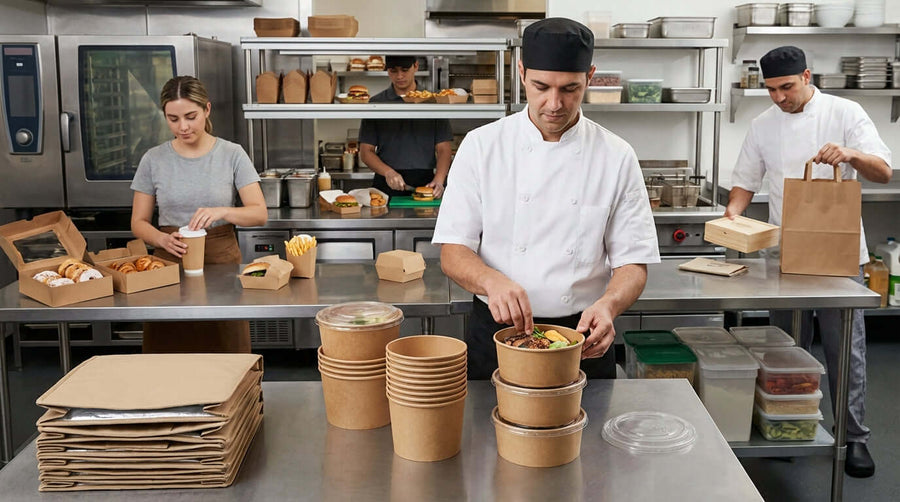 Smart Savings: How to Reduce Costs on Takeout Supplies Without Sacrificing Quality—restaurant staff packing eco-friendly takeout containers