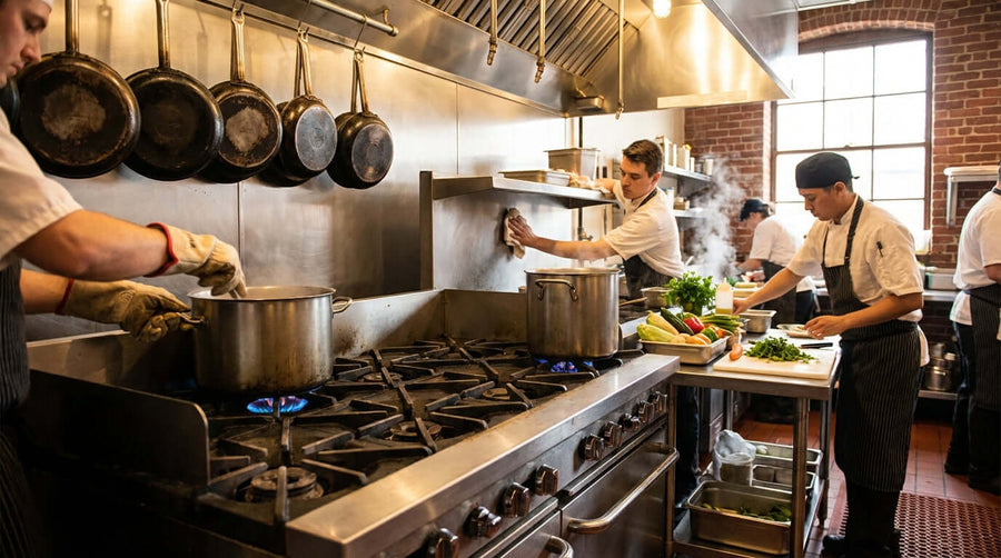 Alt Tag: commercial gas range maintenance in busy restaurant kitchen with chefs cleaning burners, checking flames, and cooking on stainless steel range