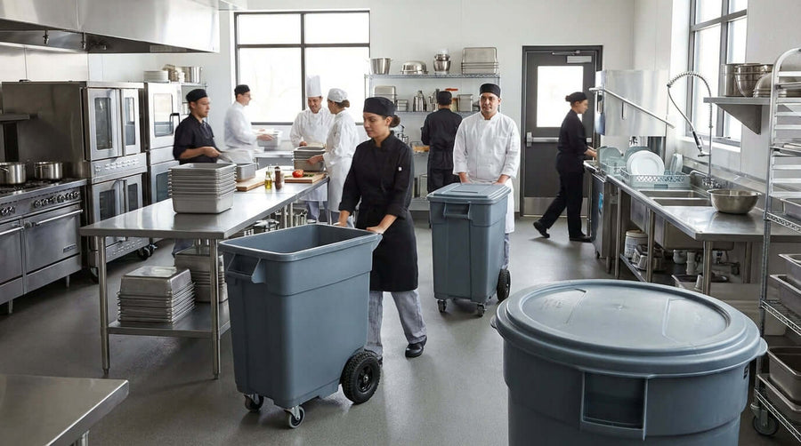 Maximize Efficiency: Why Lids and Dollies are Must-Have Trash Can Accessories in commercial kitchen staff using wheeled trash cans with lids