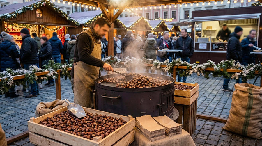 holiday market chestnut roaster sales strategy with vendor roasting chestnuts at festive winter market stall, crowds and lights