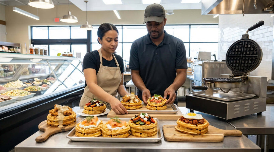 Chefs plating creative savory waffle recipes with fried chicken, eggs and veggies in a commercial kitchen for restaurant menu ideas