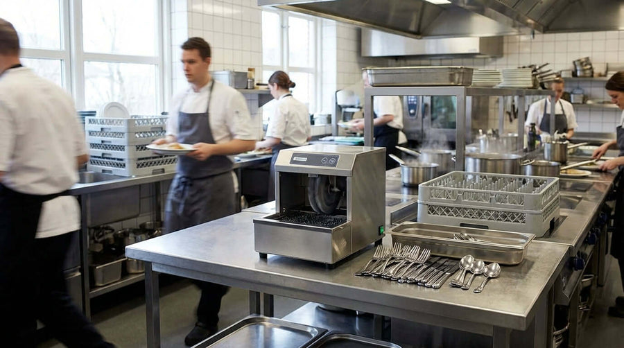 Streamline Your Catering Operations: Why a Portable Cutlery Polisher is a Must-Have in busy catering kitchen with staff and portable cutlery polisher