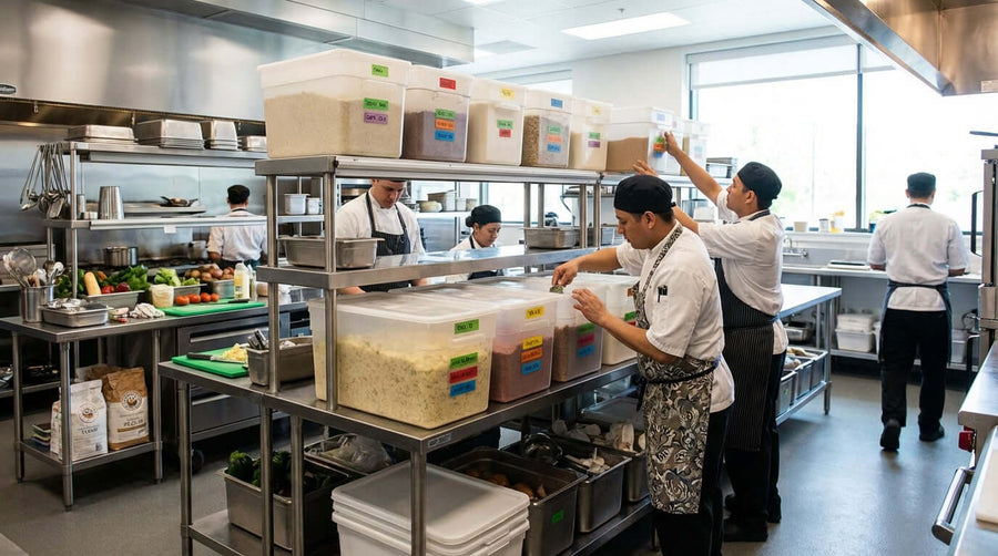 Stop Wasting, Start Winning: Implementing FIFO with Commercial Ingredient Bins in a commercial kitchen with labeled ingredient bins on shelving