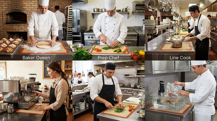 5 Unexpected Ways to Use Baking Mats in a Commercial Kitchen with chefs prepping dough, slicing vegetables, and working line stations