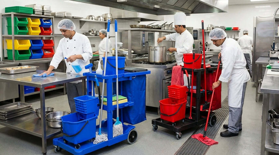 How Color-Coded Cleaning Systems & Carts Prevent Cross-Contamination in commercial kitchen with color-coded mop buckets, carts and staff cleaning