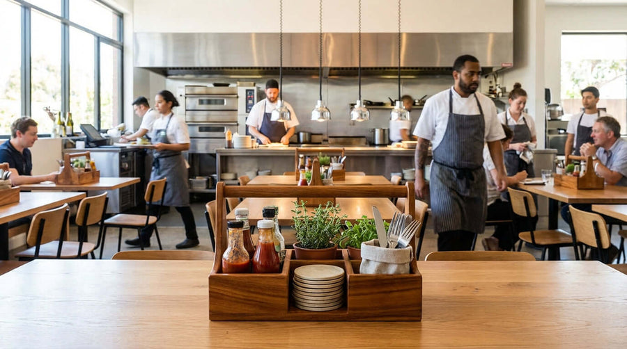 Small Details, Big Impact: Elevating the Customer Experience with the Right Tabletop Organizer in a modern restaurant with a neat condiment caddy