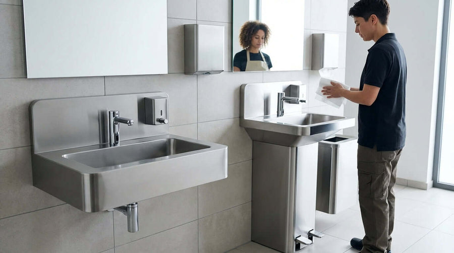 Alt Tag: wall mount vs freestanding hand sink comparison in commercial restroom showing wall-mounted and pedestal sinks