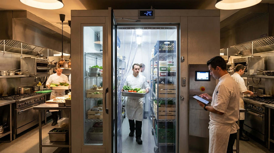 Slash Your Energy Bills: How to Maximize Your Commercial Walk-Ins Efficiency in a busy restaurant kitchen with staff using a walk-in cooler