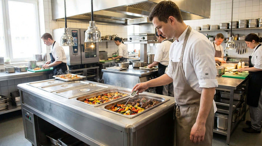 Holding it Right: How to Ensure Food Safety with Your Steam Table as chef checks hot food pans in commercial kitchen steam table