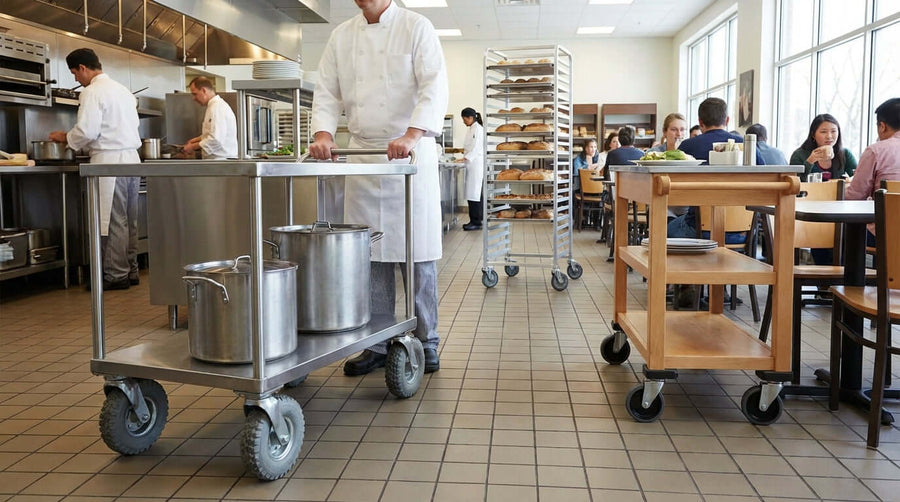 Toutes les roues ne se valent pas : choisir les meilleures roulettes pour votre chariot dans la cuisine du restaurant avec des chariots sur roulettes pendant le service