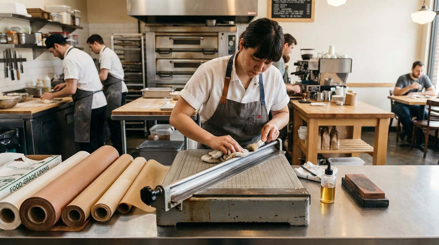 Keep it Cutting: Simple Maintenance Tips to Extend the Life of Your Paper Cutter – restaurant staff cleaning paper cutter blade for reliable menu prep