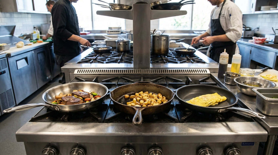 The Great Skillet Showdown: Stainless Steel vs. Cast Iron vs. Non-Stick in a professional kitchen with multiple pans cooking on a stove
